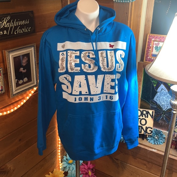 Turquoise JESUS SAVES Hooded Sweatshirt size S Boutique front pocket NEW - Picture 2 of 13